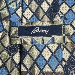Brioni Roma Silk Tie Blue Green Tan Geometric Diamond Harlequin Pattern Italy